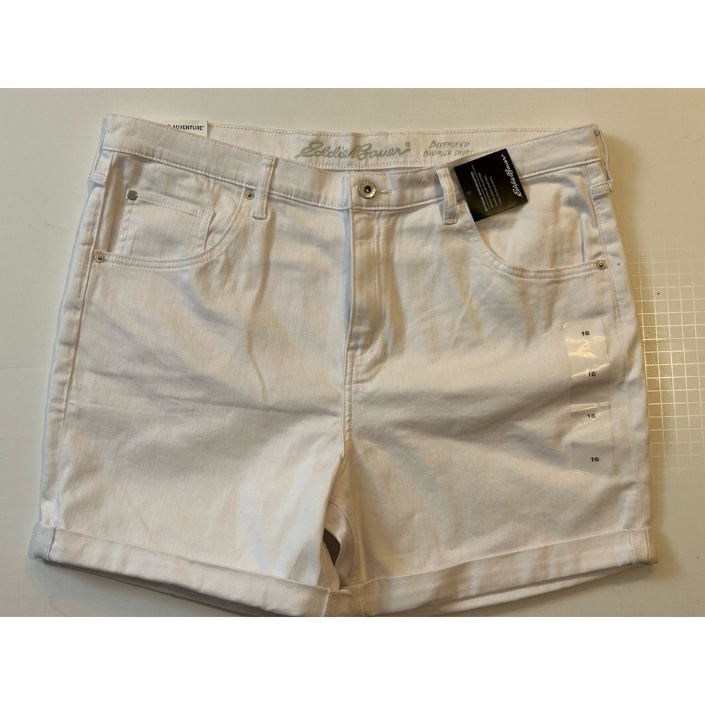 NWT  Eddie Bauer Boyfriend Mid-Rise Rolled White Denim Shorts Ret$70 wm Sz 16